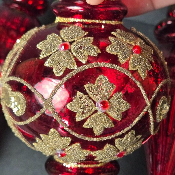 Frontgate Set of 3 Red Glass Finial Christmas Ornaments 8" Gold Glitter Accents - Picture 5 of 11